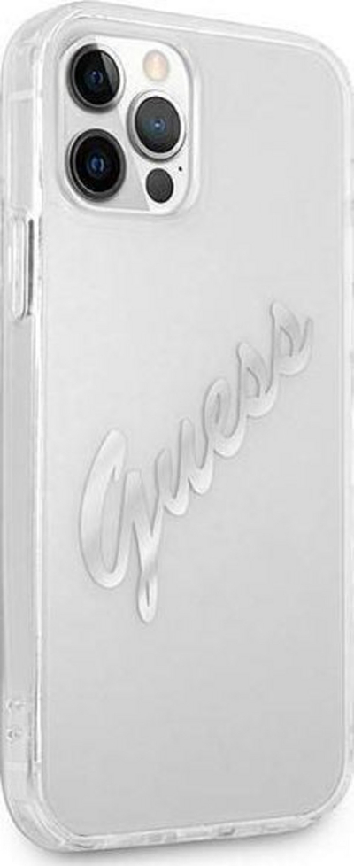 Futrollë Guess GUHCP12MKTRSVSI për iPhone 12 12 Pro 6.1", transparente, Vintage Script, argjendi