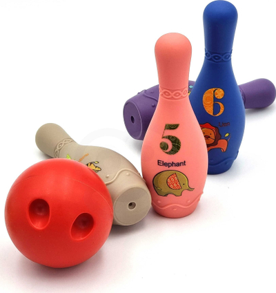 Lojë bowling sensorike Woopie Baby, 8 copë, plastike e butë, shumëngjyrëshe