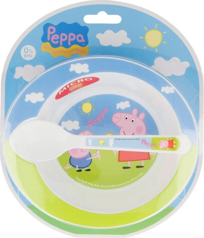 Set pjatë edhe lugë për mikrovalë Peppa Pig Stor 85278, 2 copë, plastike, me shumë ngjyra