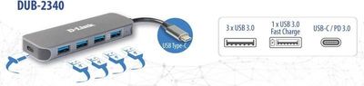 USB C HUB D Link DUB 2340, 4 USB порти, USB напојување Power Delivery 60W, сива