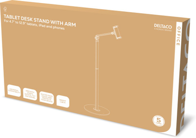 Stendë dyshemeje për tablet dhe telefon Deltaco Universal, krah i rregullueshëm, 4.7" deri 12.9", e bardhë