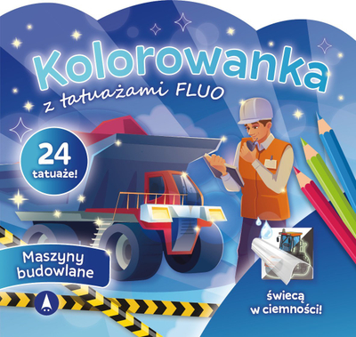 Libër ngjyrosjeje Dodo Coloring Book With Tattoos FLUO Construction Machines, me tatuazhe fluo, për kalamaj