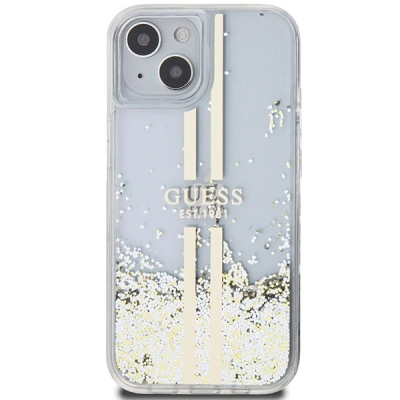 Husë telefoni Guess Liquid Glitter Stripes, për iPhone 15 Plus 14 Plus, transparente, ngjyrë ari