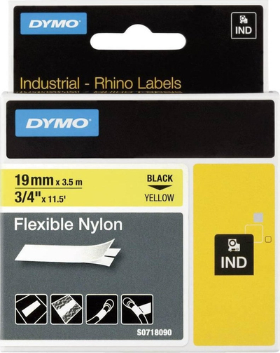 Kasetë etiketuese Dymo 18491, najlon fleksibël, 19mm 3.5m, e verdhë me tekst të zi