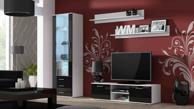 Komodë TV Cama Meble Soho 140, MDF, e bardhë e zezë me shkëlqim