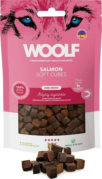 Shujta për qen Woolf Soft Cubes Salmon, me një lloj proteinë, 100g