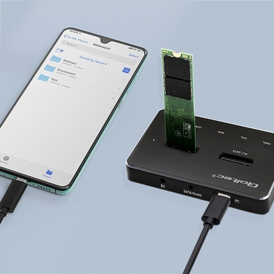 Docking station Qoltec për M.2 SSD, NVMe SATA, USB C, 2 disqe nga 2TB, gri