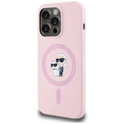 Заштитна маска за телефон Karl Lagerfeld Karl and Choupette MagSafe, за iPhone 14 Pro Max, мазен силикон, розова