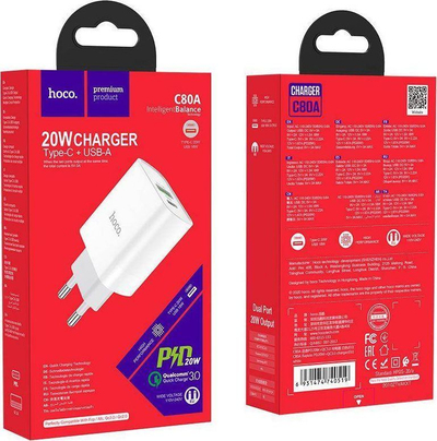 Karikues Hoco C80A (6931474740519), USB-A, USB-C, 3A, i bardhë