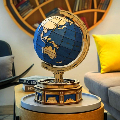 Дрвен 3D пиел Robotime The Globe, ротирачки глобус, модел со таен фиока, природно сина