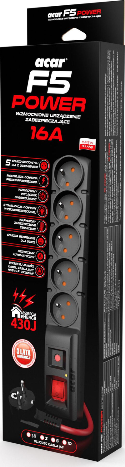 Zgjatues elektrik Acar F5 Power, 5 priza, kabllo 5m, i zi