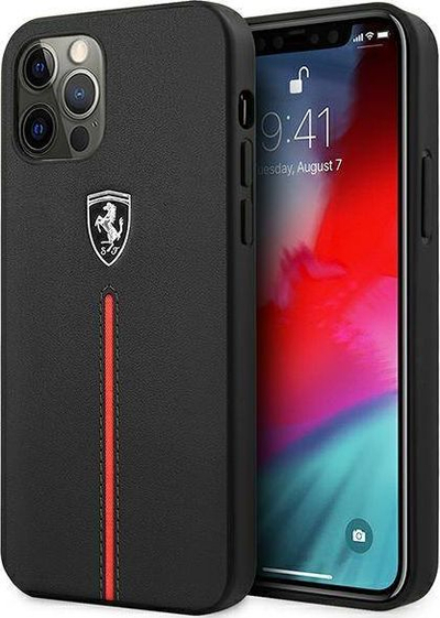 Futrollë telefoni Ferrari FEOMSHCP12LBK, për iPhone 12 Pro Max, lëkurë me brez najloni, e zezë