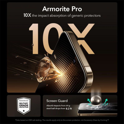 Mbrojtëse ekrani ESR UltraFit Armorite Pro, për iPhone 17 Pro Max, xham Corning, transparente