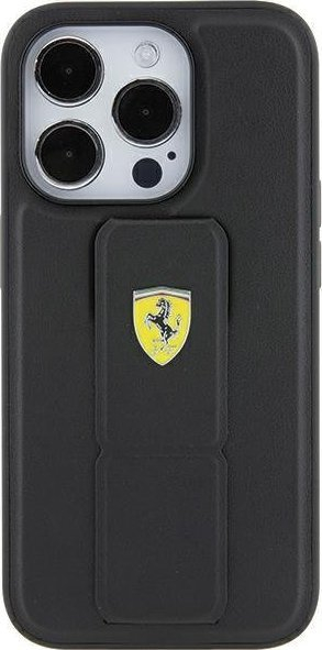 Këllëf telefoni Ferrari Hard Case Grip Stand, për iPhone 15 Pro 6.1", logo metalike, i zi