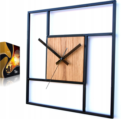 Orë murale ModernClock SQUARE, metal dhe dru, mekanizëm quartz, e zezë