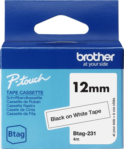 Kasetë etiketime Brother BTAG-231, 12mm, shkrim i zi në sfond të bardhë