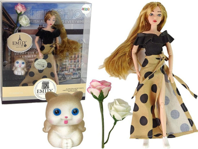 Kukull LeanToys Emily, me kotele dhe trëndafil, flokë të gjatë kafe