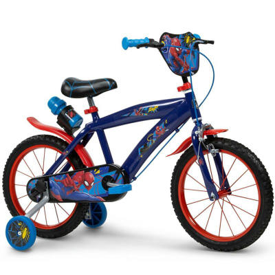 Bicikletë për kalamaj Toimsa Spiderman, 16", me rrota ndihmëse, blu e kuqe