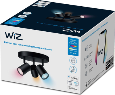 Plafonierë LED WiZ Imageo, 3x5W RGB, Wi‑Fi Bluetooth, e zezë