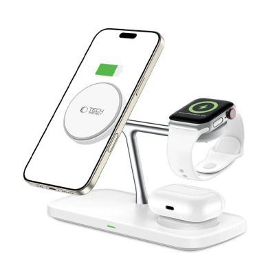 Karikues wireless Tech-Protect QI15W-A45, 3 në 1, MagSafe, i bardhë