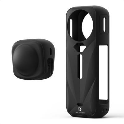 Kutë mbrojtëse silikoni K&amp;F Concept për Insta360 X5, me kapak lenteje, anë baterie e hapur, e zezë