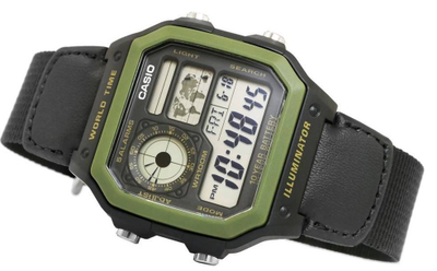 Ora digjitale Casio Youth Series AE1200WHB 1B World Time, mban ujë deri në 100m, me rrip prej pëlhure, e zezë