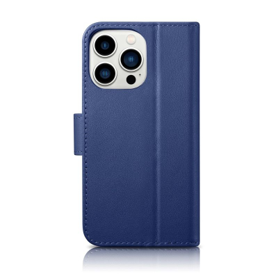 Këllëf portofol iCarer 2n1 për iPhone 14 Pro, lëkurë natyrale, Anti RFID, blu