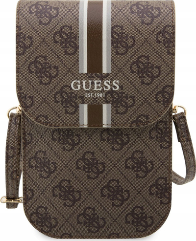 Çantë telefoni Guess 4G Neck Case Phone Bag, lëkurë Saffiano, me rrip rreth qafe, bezhë me ari