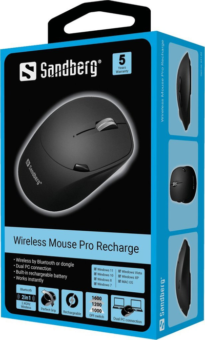 Mausi Sandberg Wireless Mouse Pro Recharge, 1600 DPI, Bluetooth, i zi