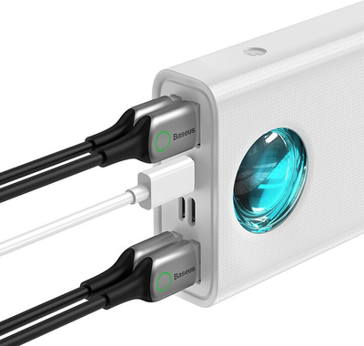 Powerbank me ekran dixhital Baseus Ambilight Overseas Edition, 30000mAh, QC, i zi + kabllo USB-C 65W, 1m, i bardhë