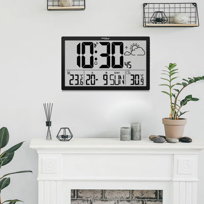 Orë murale GreenBlue GB218, ekran LCD shumë i madh, temperaturë dhe datë, e zezë