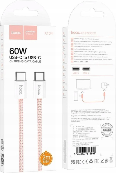 Kabllo karikimi Hoco X104 Type C në Type C, 60W, 2m, rozë