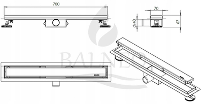 Kanaletë lineare Rea LINEAR DRAIN TWO-SIDED L-700 TILE, 70 cm, inoks AISI 304, argjendtë