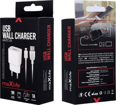 Karikues rrjeti Maxlife 1A me kabllo Lightning, 1 port USB, i bardhë