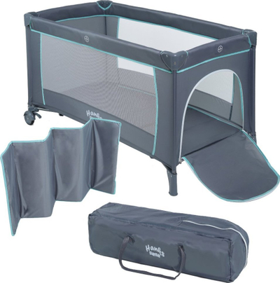 Krevet udhëtimi Hanks Kids Travel Cot Simple, rrjetë anësore, rrota me bllokim, gri
