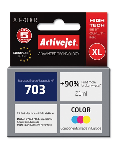 Ngjyrë për printer Activejet AH-703CR (zëvendësim për HP 703 CD888AE), 21 ml, e kaltër / vjollcë /  e verdhë