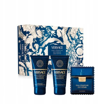 Set parfum Versace Eau Fraîche Extrême pour Homme, Eau de Parfum 50ml, xhel dushi 50ml, balm pas rrojes 50ml, blu