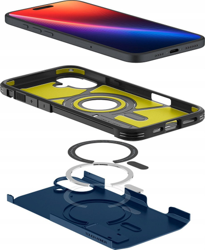 Kapak telefoni Spigen Tough Armor MagSafe për iPhone 16, dy shtresa, me mbajtëse, blu e errët