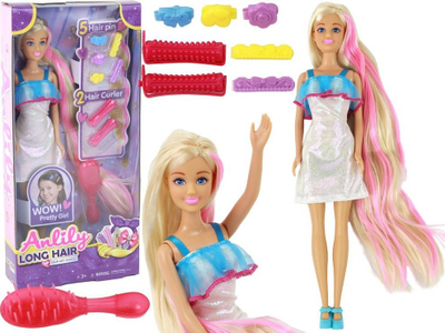 Kukull Anlily Long Blonde Hair, set stilimi flokësh, fustan rozë