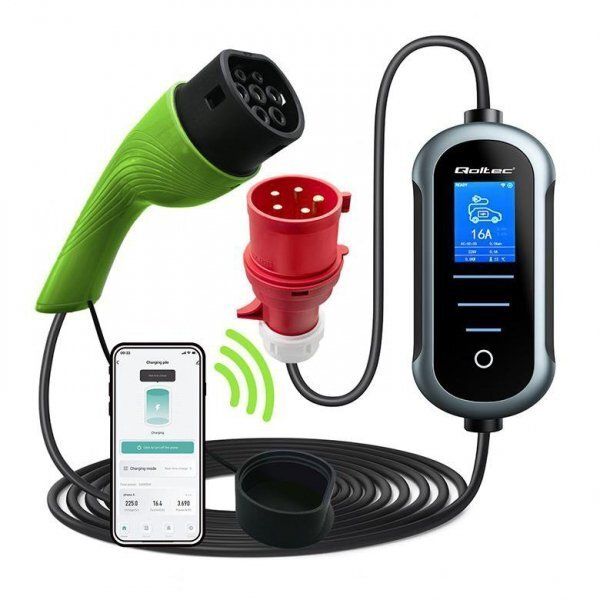 Karikues mobil për vetura elektrike Qoltec 2 në 1, Type 2, 22kW 400V, Wi Fi, 7m