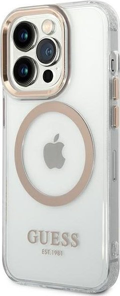 Kapak telefoni Guess GUHMP14LHTRMD për iPhone 14 Pro 6.1", Metal Outline, MagSafe, plastik i tejdukshëm me ngjyrë ari