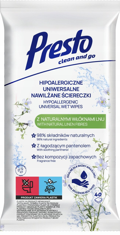 Lecka të lagura për sipërfaqe Presto Hypoallergenic, me fibra liri, 40 copë
