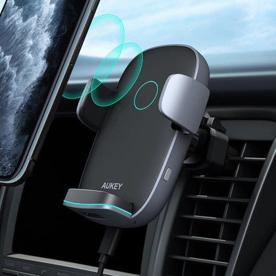 Mbajtëse telefoni për makinë Aukey Navigator Wind II HD-C52, karikim wireless 10W, e zezë