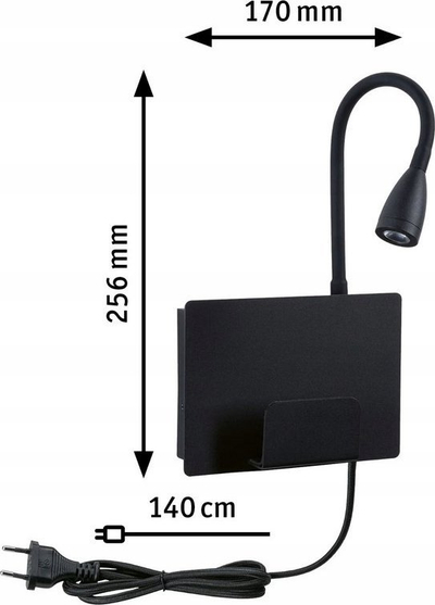 Llambë muri LED Paulmann Halina, port USB C, krah i lëvizshëm, e zezë