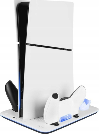 Stacion ftohës dhe karikues FIXED PS5 Slim, 2 kontrollorë, LED, i bardhë