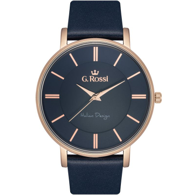 Set ore dore për meshkuj G.Rossi Classic, mekanizëm quartz, rrip lëkure, blu bakri