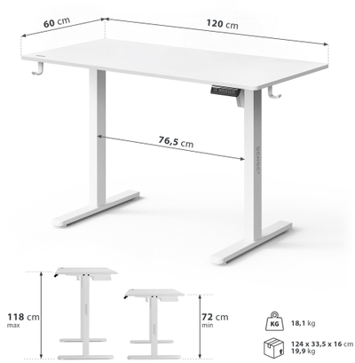 Sense7 Nojo Light Електрично Стоечко Биро, 120 cm x 60 cm, Бело