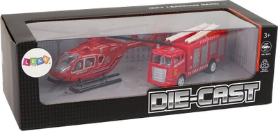 Set lodrash LeanToys Fire Department, vetura zjarrfikëse pull back, helikopter i kuq