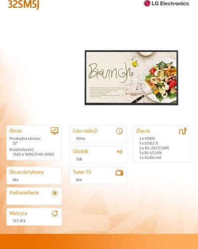 Monitor LG Full HD Standard Signage, 32", Full HD, IPS, 400 cd/m², 10 ms, 178°/178°, HDMI, USB, RJ-45, i zi