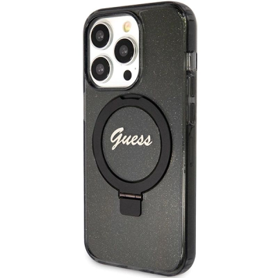 Futrollë Guess GUHMP15XHRSGSK për iPhone 15 Pro Max, MagSafe, me bazament unazë, e zezë